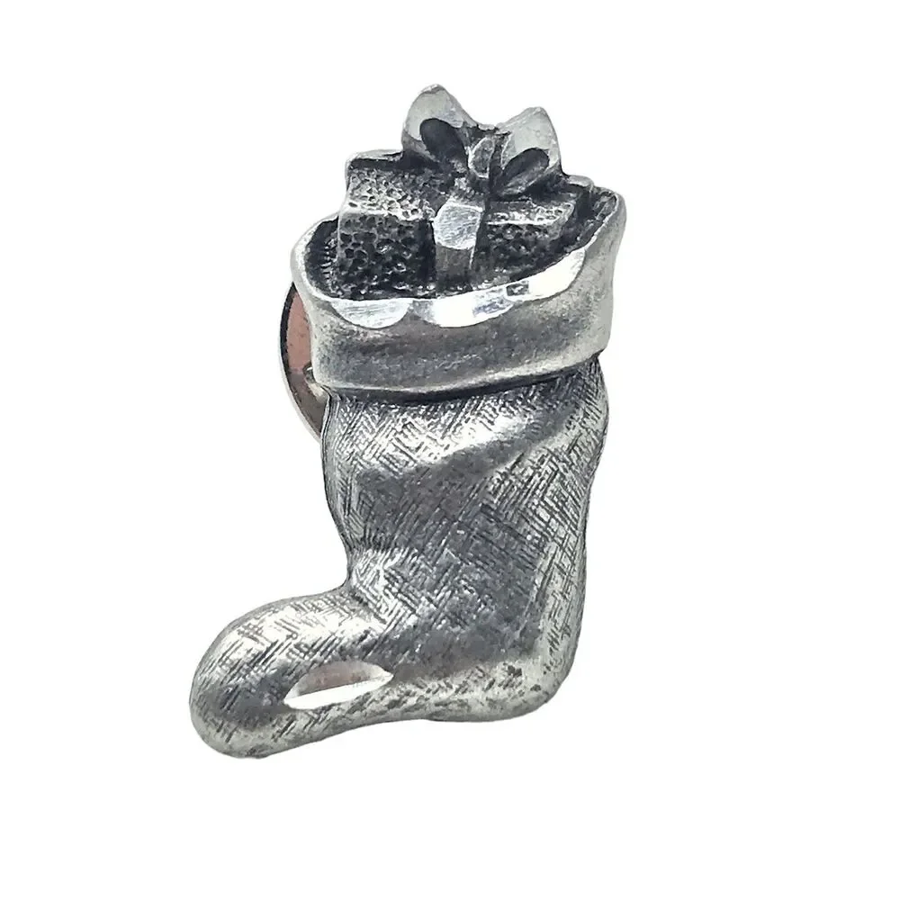 Christmas Stocking Vintage Pin Pewter Holiday Brooch